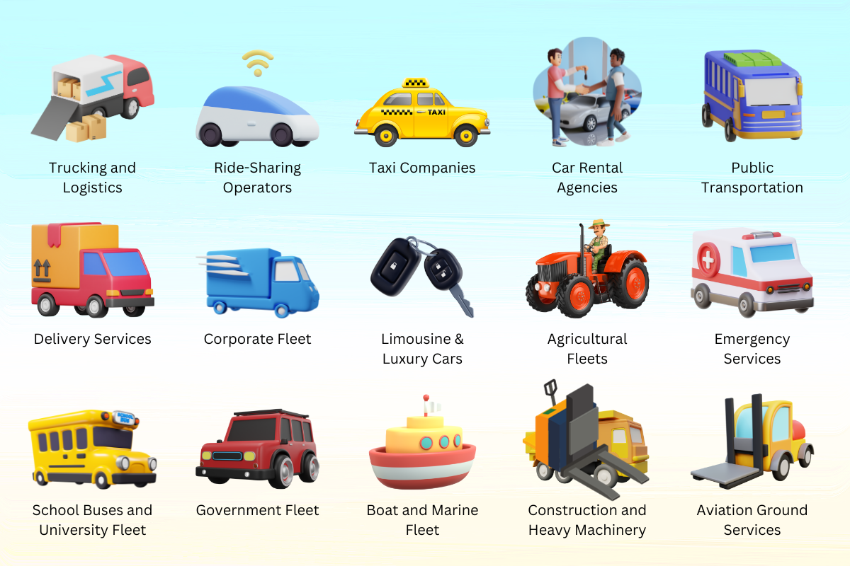 Trucking and Logistics Companies Ride-Sharing Operators Taxi Companies Rental Car Agencies Public Transportation Corporate Fleet Management Delivery Services Limousine and Luxury Car Services Agricultural Fleets Emergency Services School Buses and University Fleet Government Fleet Boat and Marine Fleet Construction and Heavy Machinery Airport and Aviation Services