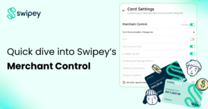 Image showing Swipey Dashboard (Merchant Control settings) and illustrations of Swipey Cards with two faces and coins around it in a teal background. The text says "Quick dive into Swipey's Merchant Control."