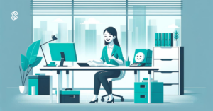 Image of a worker (for example, an accountant) who is sitting at her office desk with a happy smile on her face.